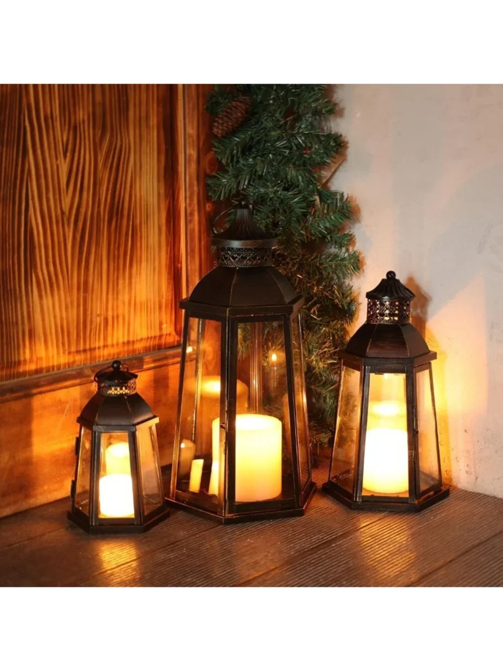 Set of 3 Vintage Lanterns - Metal Frame Candle Holders for Indoor & Outdoor